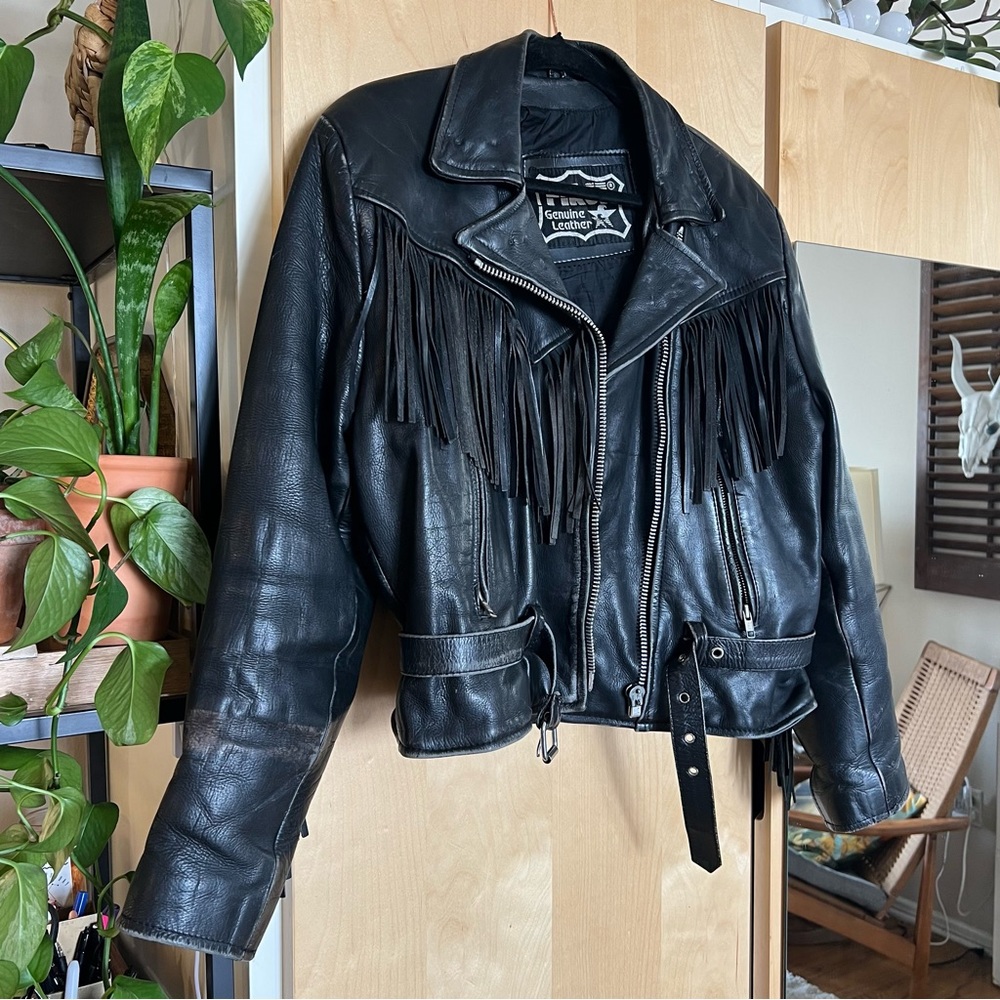 Vintage FIRST Genuine Leather 1980s Motorcycle Jacket with Fringe
